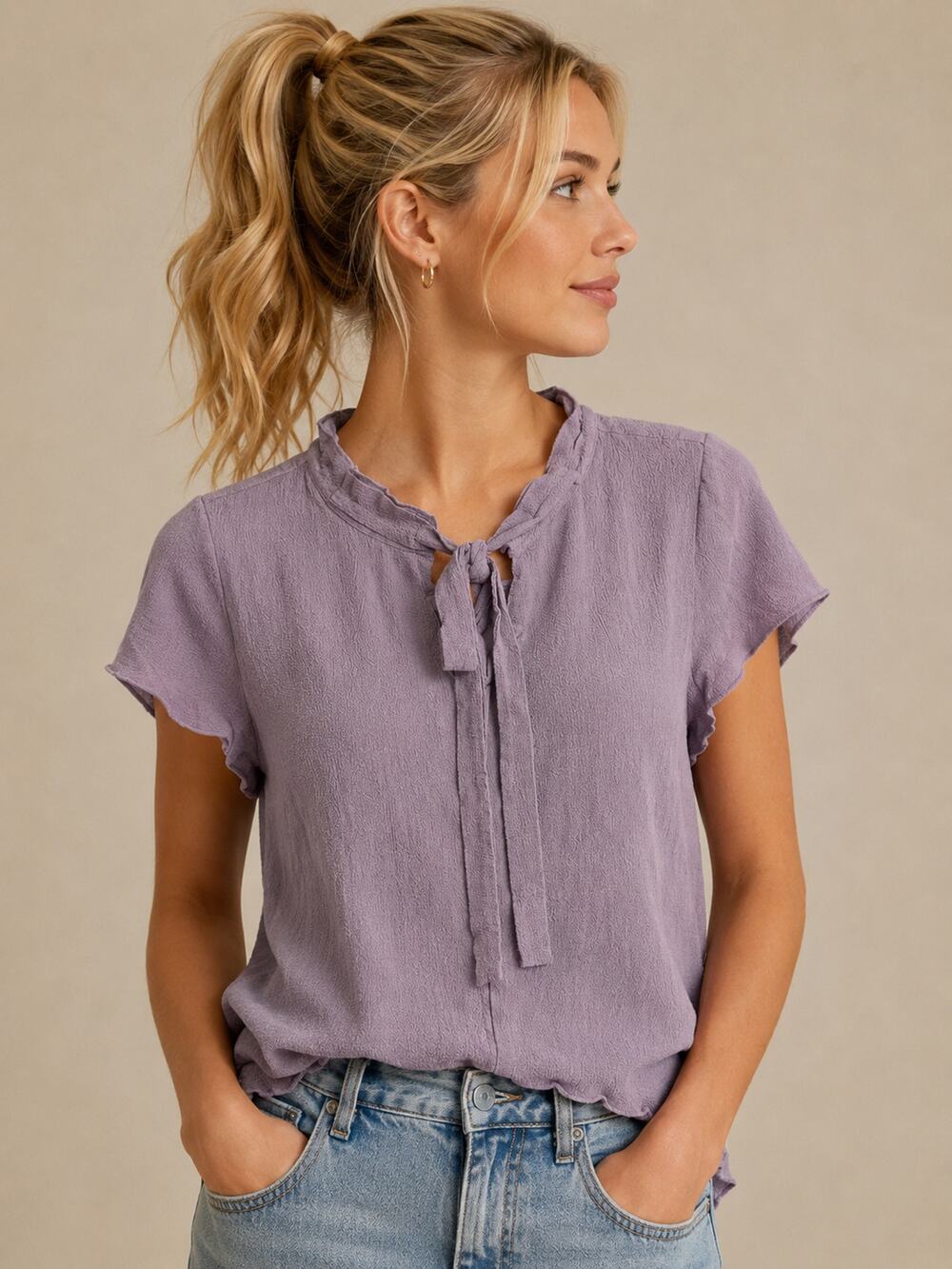 LR3505 A La Fois Lavender Tie Neck Textured Blouse Short Sleeve Size Small